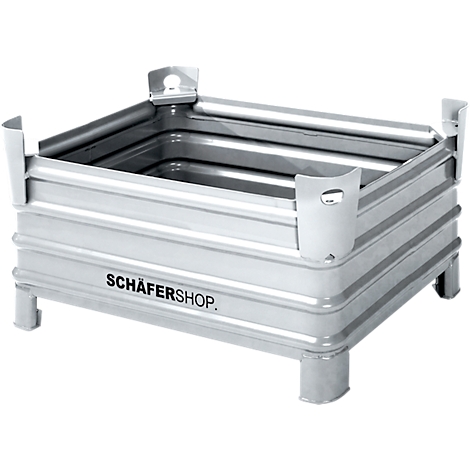 Conteneur métallique avec pieds, bords arrondis et l'inscription SCHÄFERSHOP.